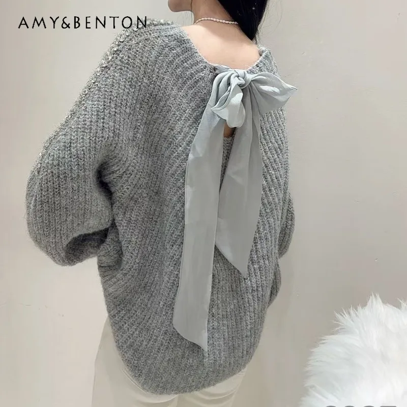 

Autumn Winter New Heavy Industry Bow Beads Loose Pullovers Design Sense Knitwear Women's Soft Comfortable V-neck Knitted Sweater