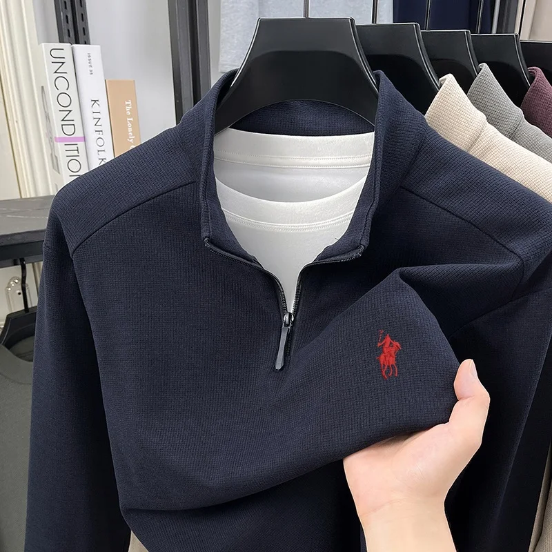 Fashionable Men's Design Brand New Paul Pony Embroidered Half High Collar Sweater Classic Winter Velvet Warm Zipper Long Sleeve