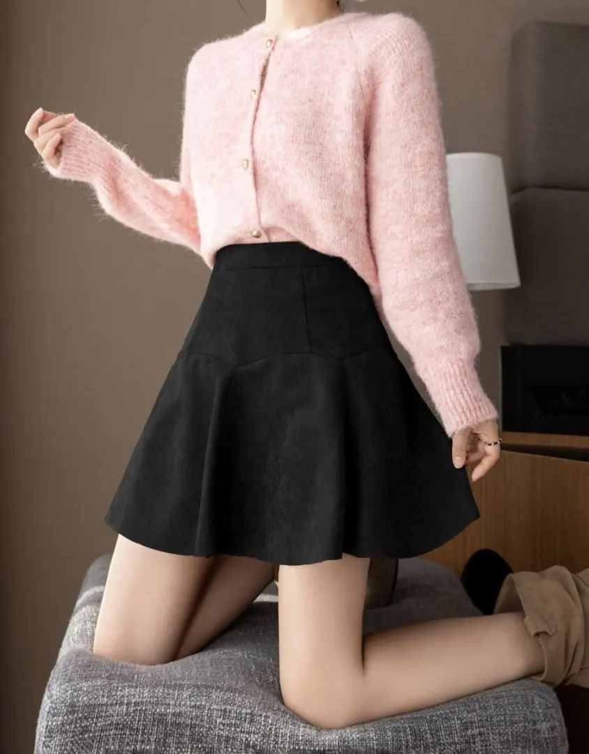 Autumn Winter Sweet Casual Women's Suede Skirt High Waist School Style Ruffled Umbrella Short Skirts Lady