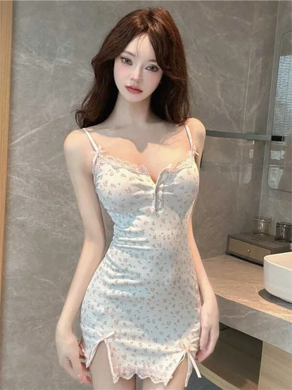 2024 New Floral Girl Pure Desire Sexy Strap Short Sleep Tank Mini Dress With Chest Mat Dress Elegant Summer 2024 New XSW9