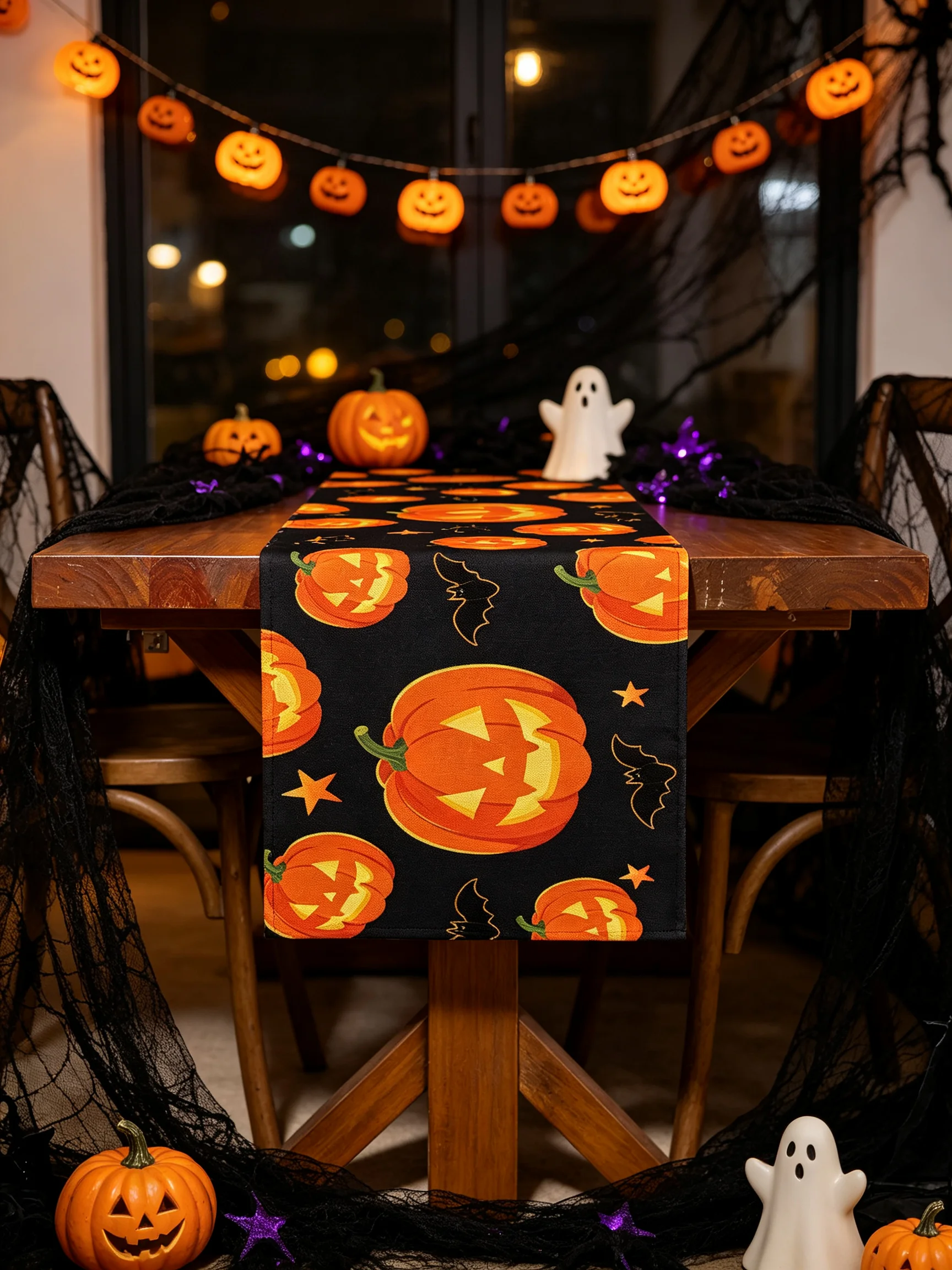 1Pc Halloween Vintage Table Runner Polyester Fabric Jack-o-Lantern Pattern Easy-Clean Ornamental for Holiday Dinner Party