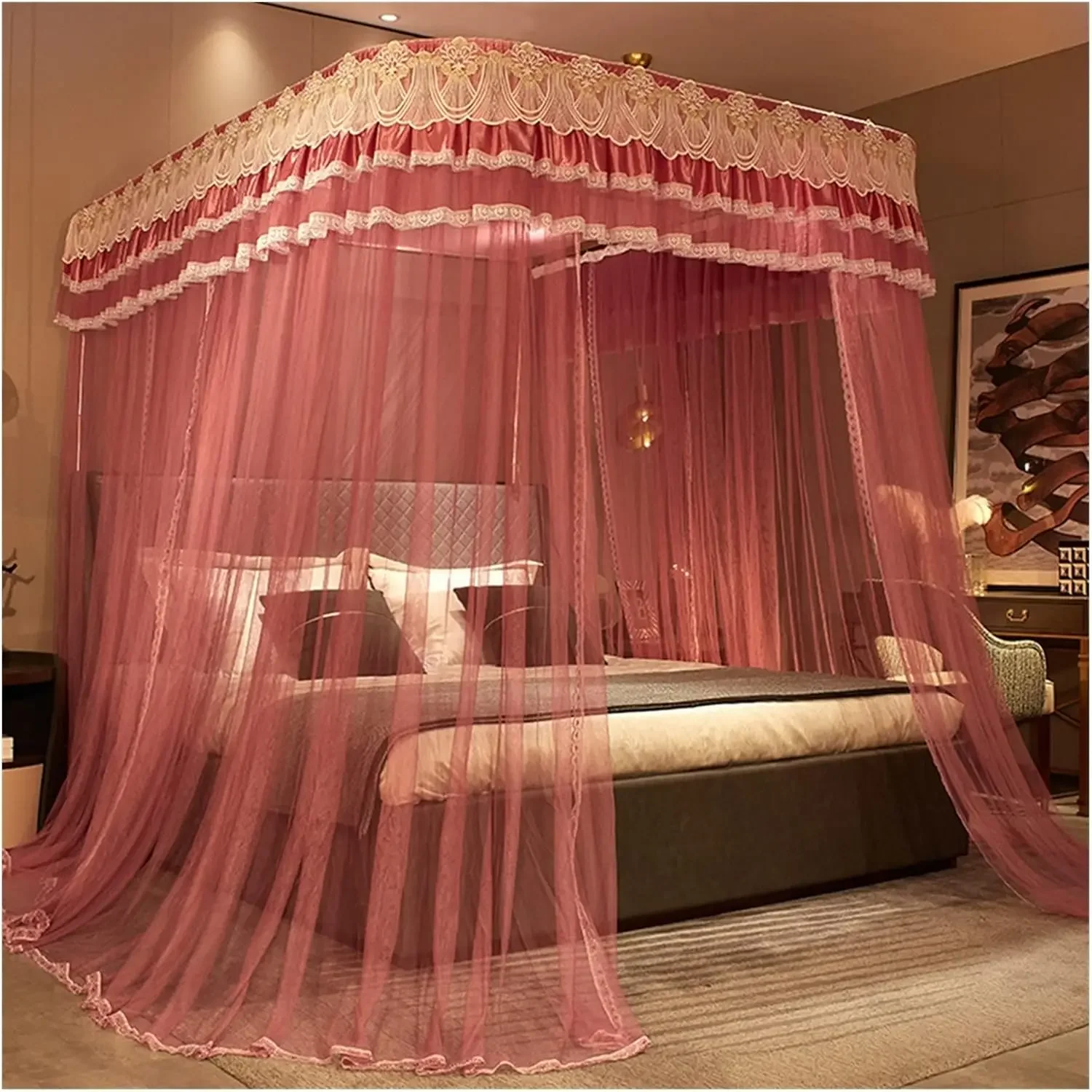 Mosquito Net Three Side Openings Post Romantic Lace Bed Curtain Canopy Netting Bed Net Bedding(Bean Paste,180 * 220cm)
