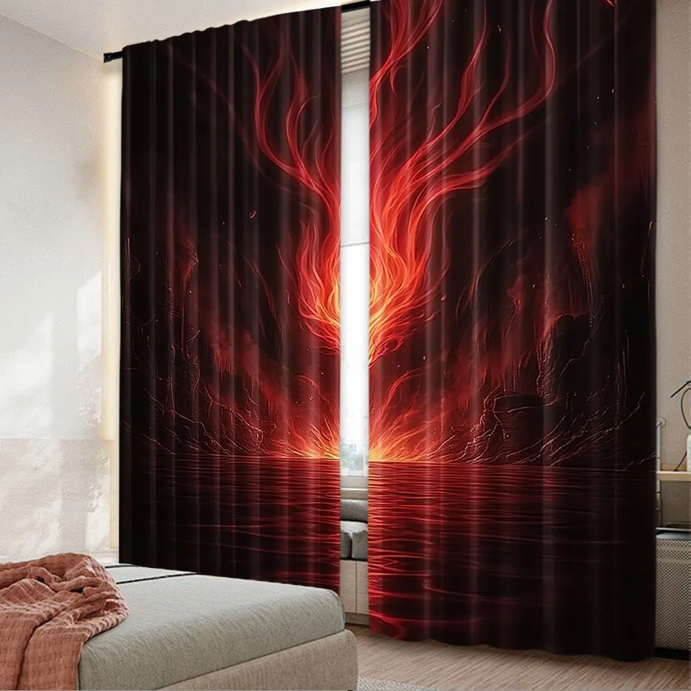 2Pcs Red Flame Curtains Aesthetic Art Curtains Burning Flame Curtains Suitable For Dormitories Living Rooms Bedrooms A