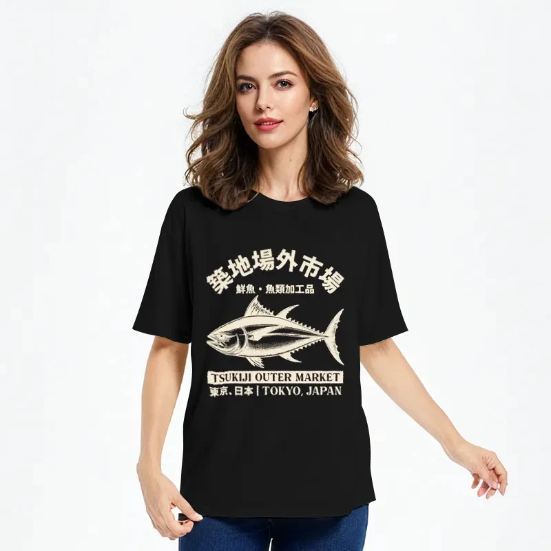 

Новинка лета Tokyocanvas Япония Tsukiji Fish Market Классический графический принт Хлопок Повседневная женская уличная одежда с круглым вырезом