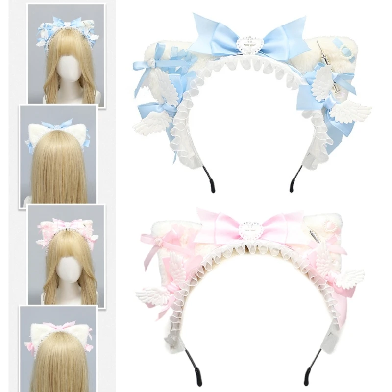 Lolita Girls Gothic Cat Ear Headband Bowknot Headpiece Women Harajuku Furry Plush Anime Cosplay Hairband for Party Hair Ornament