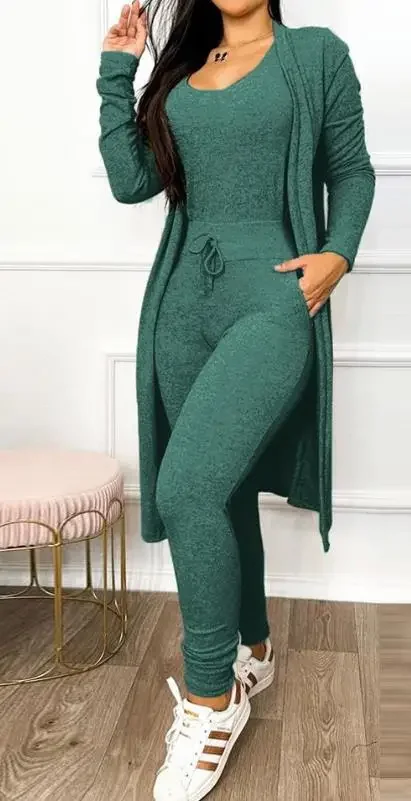 Two Piece Set Women Outfit 2024 Spring Fashion Drawstring Pocket Design U-Neck Sleeveless Skinny Jumpsuit & Long Sleeve Coat Set