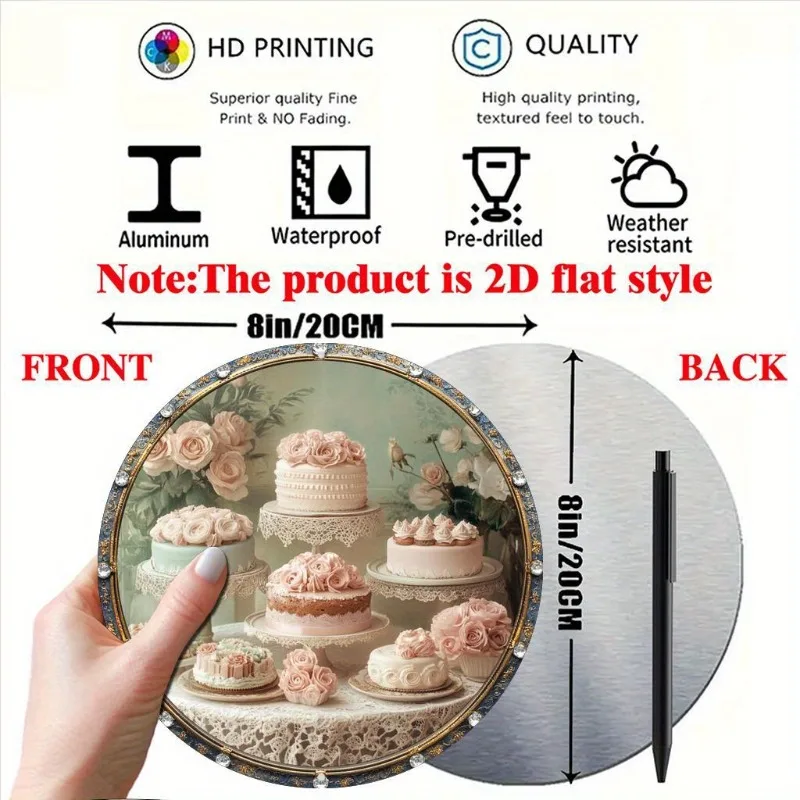 Vintage Cake Round Wall Plaque – 2D Flat Aluminum Floral Lace Dessert Sign for Home Cafe Bakery Decor, No Electricity Needed