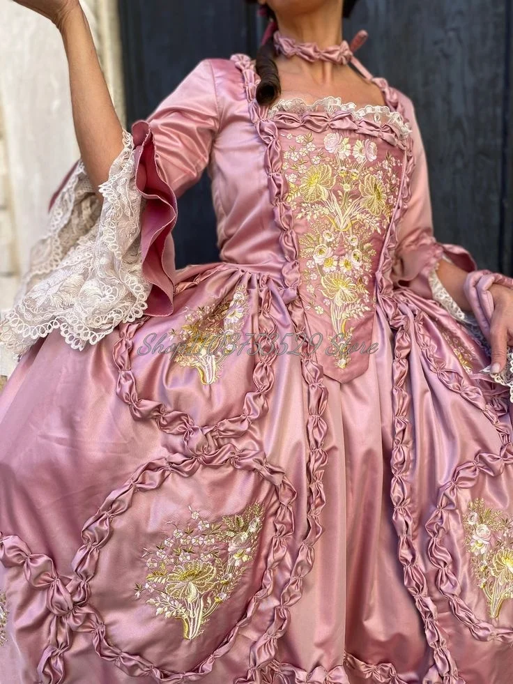 Elegant Pink Gothic Prom Dresses Vintage Marie Antoinette Style Embroidery Pleated Flared Sleeves Puffy Hem Tie Party Dresses