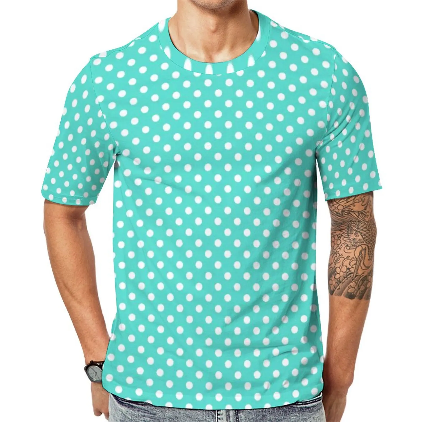 Teal Blue Polka Dot T-Shirt For Men Retro Turquoise Trendy O Neck T-Shirts Summer Harajuku Tops Short Sleeve Plus Size Tee Shirt