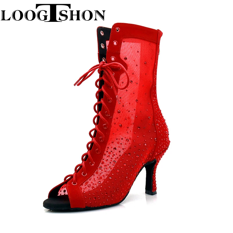 Loogtshon Women Dance Boots For Ladies High Heel Flannel Ballroom Modern Dance Shoes RED Gilrs Soft Sole Bachata Salsa Dancing