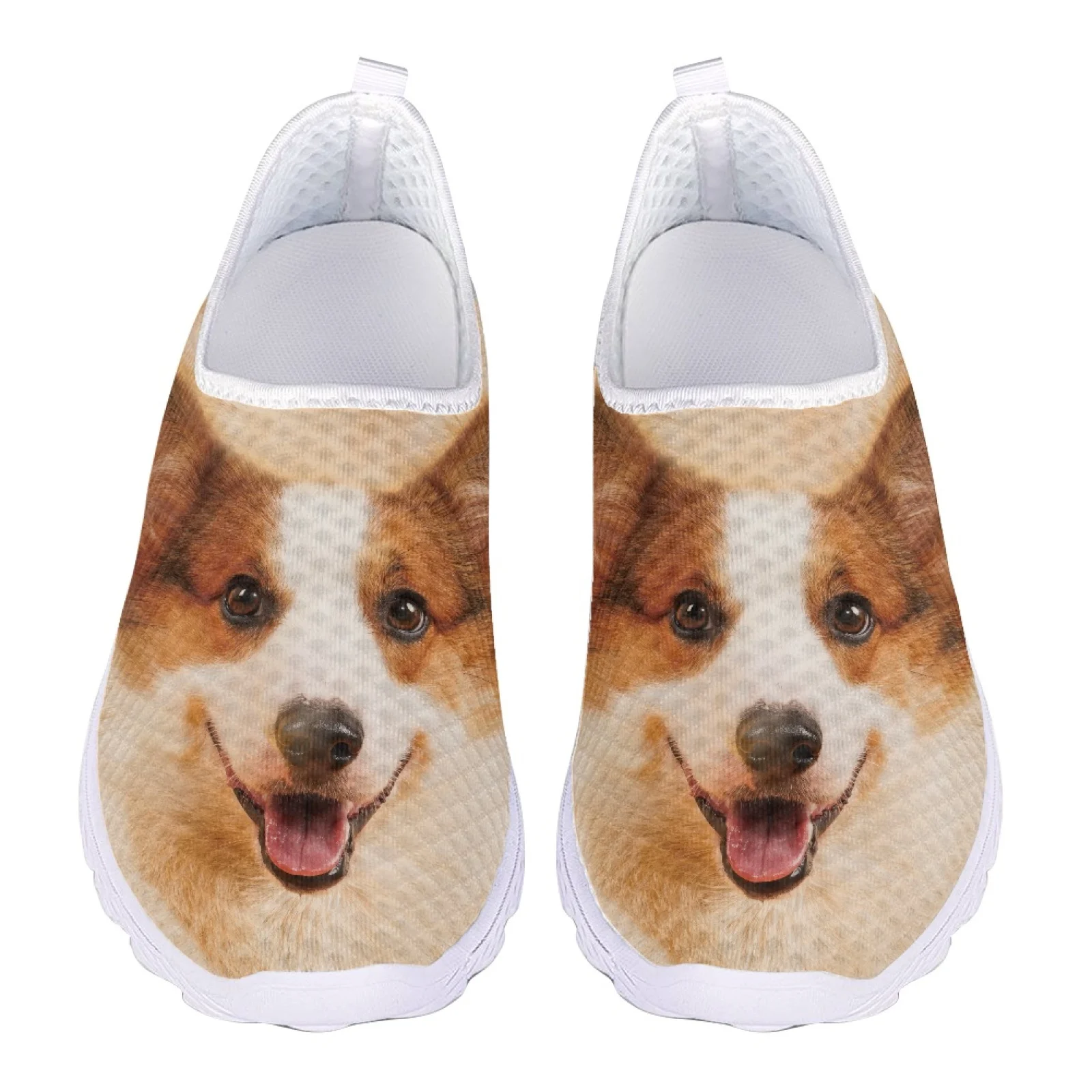 

Летние женские лоферы с принтом собаки корги, большие размеры, женские кроссовки для бега, слипоны на плоской подошве, сетчатая повседневная обувь, женская пляжная обувь