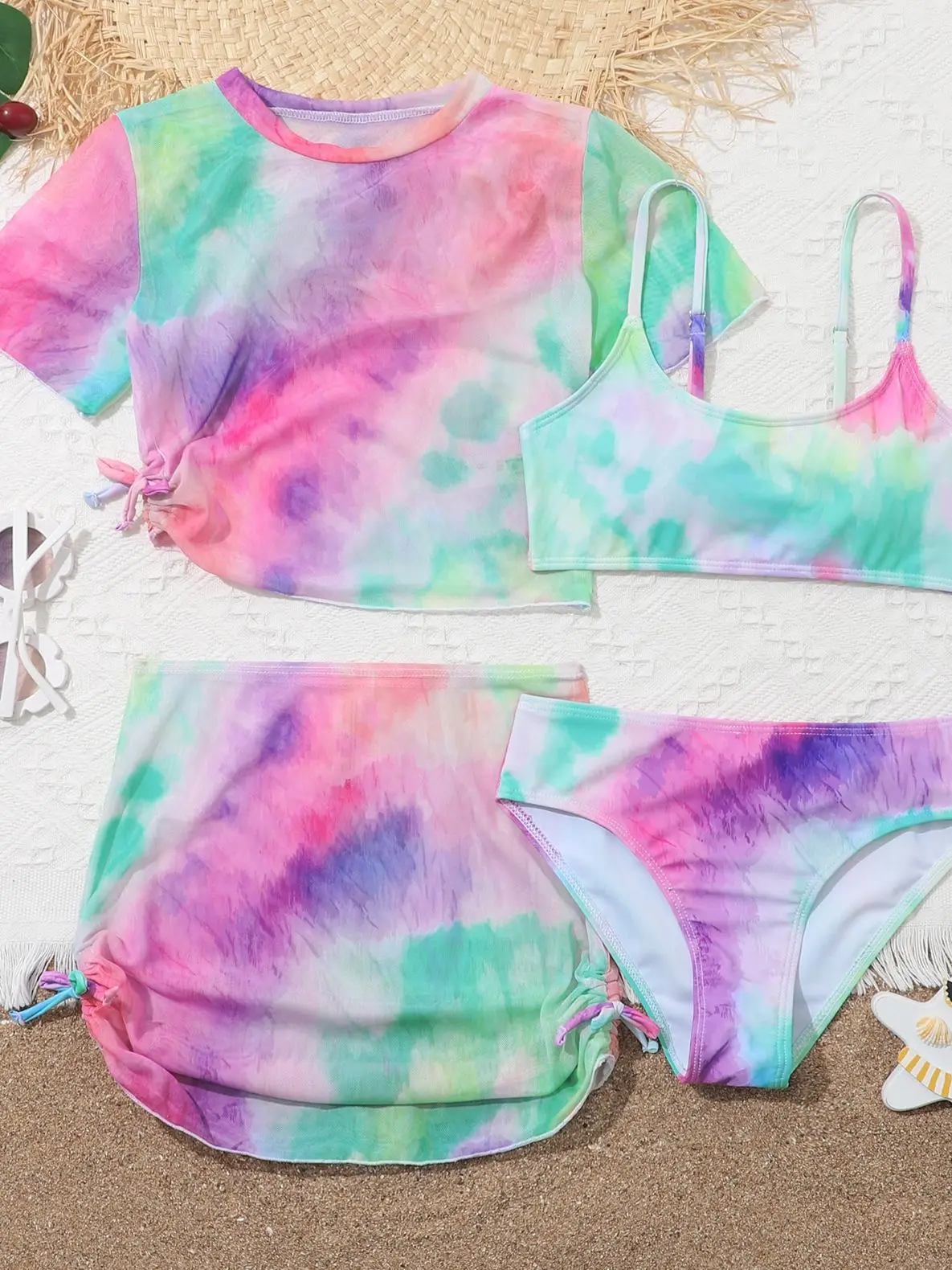 4 Pieces Bikinis Set Top & Skirt 2026 Girls Swimsuit Kids Swimwear Female Children Bathers Bathing Swimming Swim Suit Beachwear