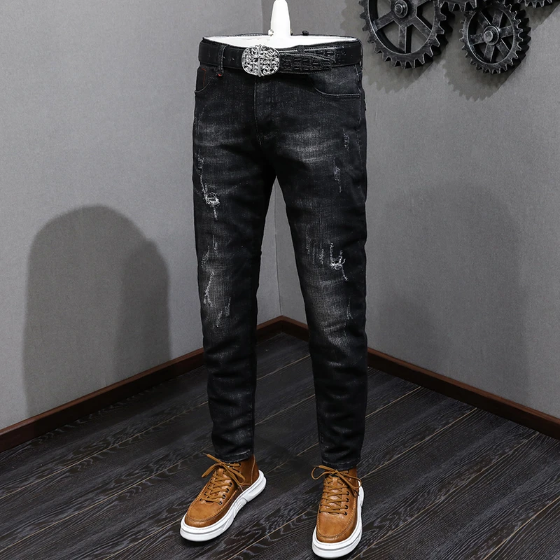 

JXN839 Slim small leg trousers men's tide elastic broken hole scraping black hundred men's trousers high goods