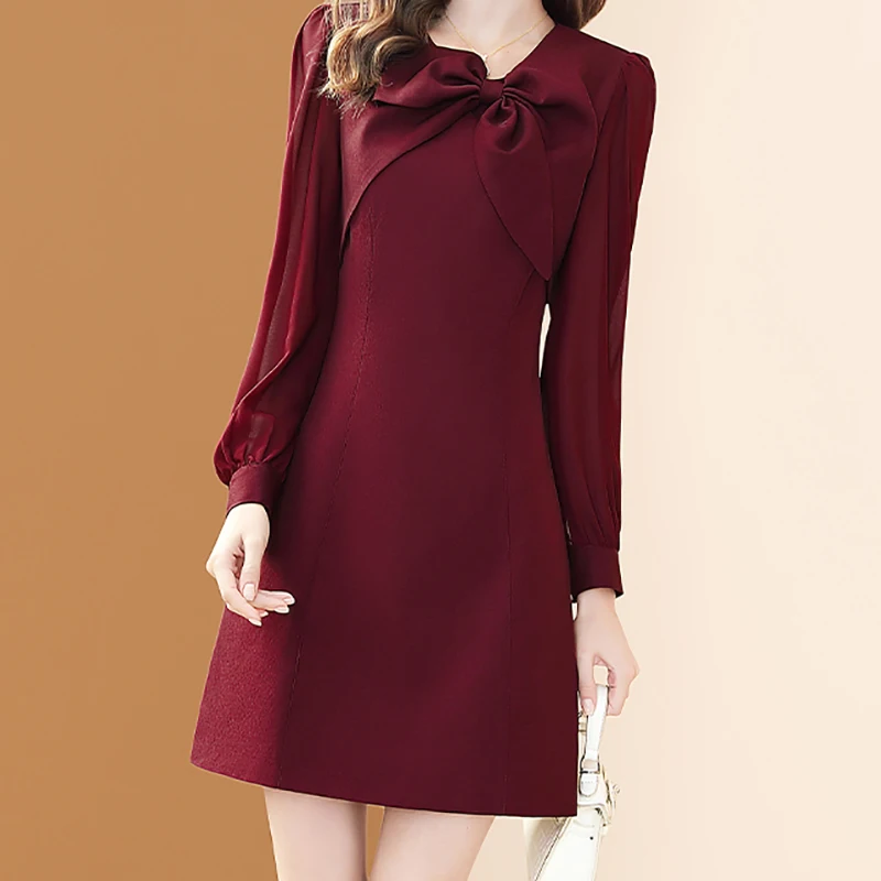EVNISI-Vestido elegante de manga larga con lazo para mujer, Vestido ajustado de Color vino, informal, de oficina, corte en A, elegante, para fiesta