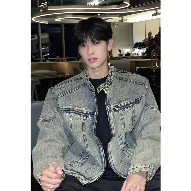 

Retro Waed ort Sle Men's Denim Jaet Large Size Autumn Design oulder Pad Splicing American Vintage Sle Outerwear