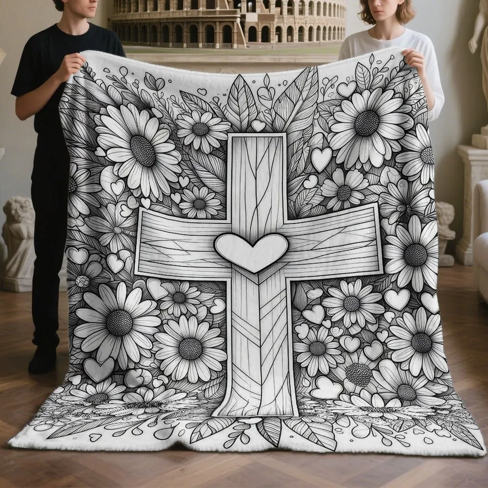 Faith Flower Cross & Daisy Number‑Coloring DIY Throw Blanket, Hand‑Painted Stress‑Relief Scribble Creative Blanket for Adults