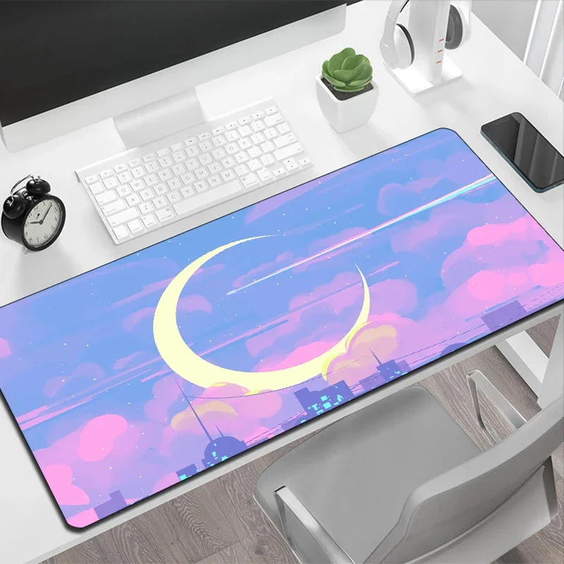 Tapis de souris de jeu avec lune rose, petit anime mignon, configuration rapide, polymère anti-ald, tapis de table Deskvirus, accessoires de joueur, PC