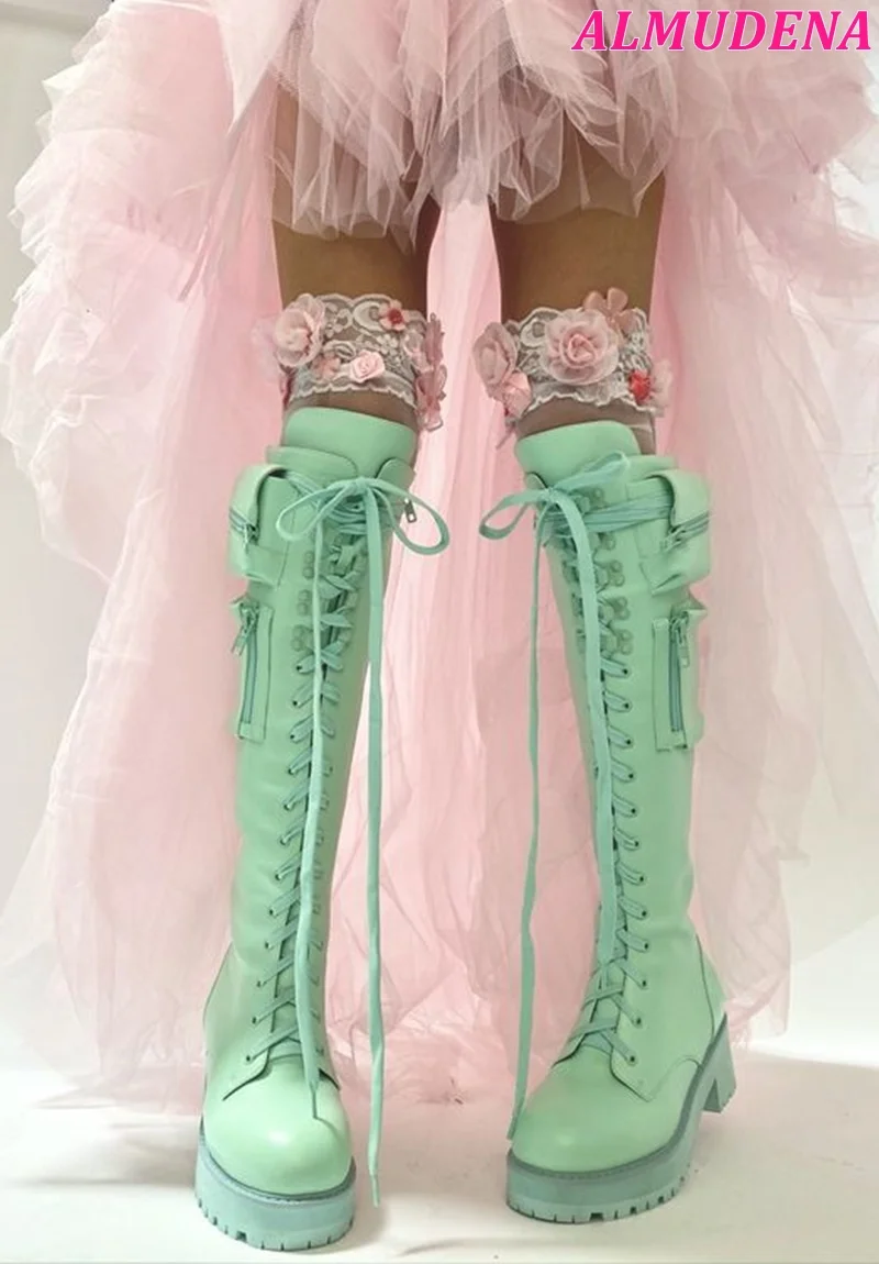 

Light Green Lace up Platform Knee High Boots Block Low Heel Pocket Zip Cute Leather Long Boot Women Winter Comfy Lolita Shoes