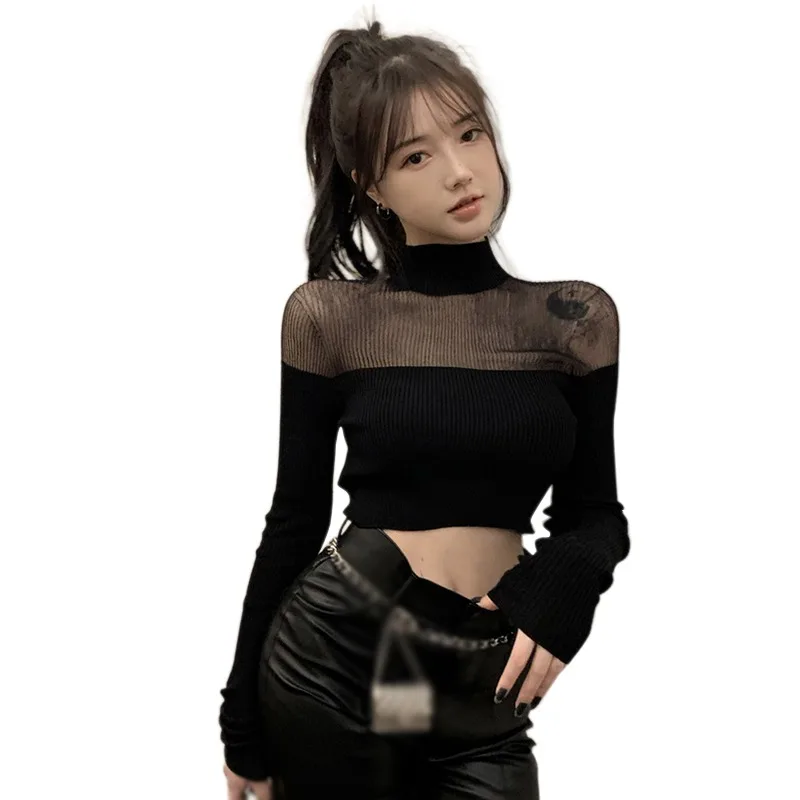 Women's Mock Turtleneck Patchwork Slim Fit Crop Top Sexy Long Sleeve Casual All Matching T-Shirt