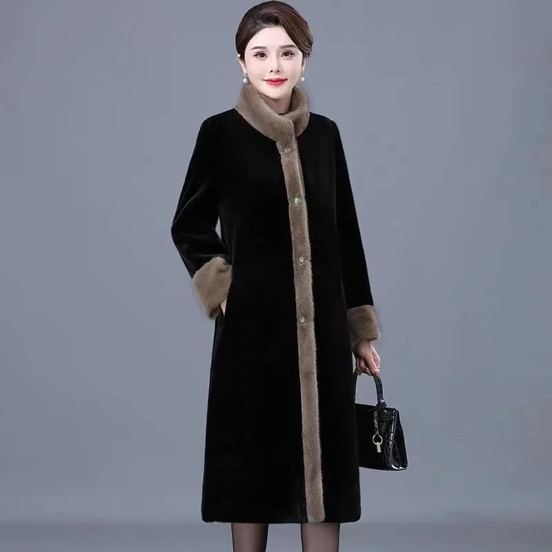 High-quality Autumn Winter Mother\'s Fur One Piece Imitation Gold Mink Fleece Long Coat Noble Women Temperament Women Fur Jacket