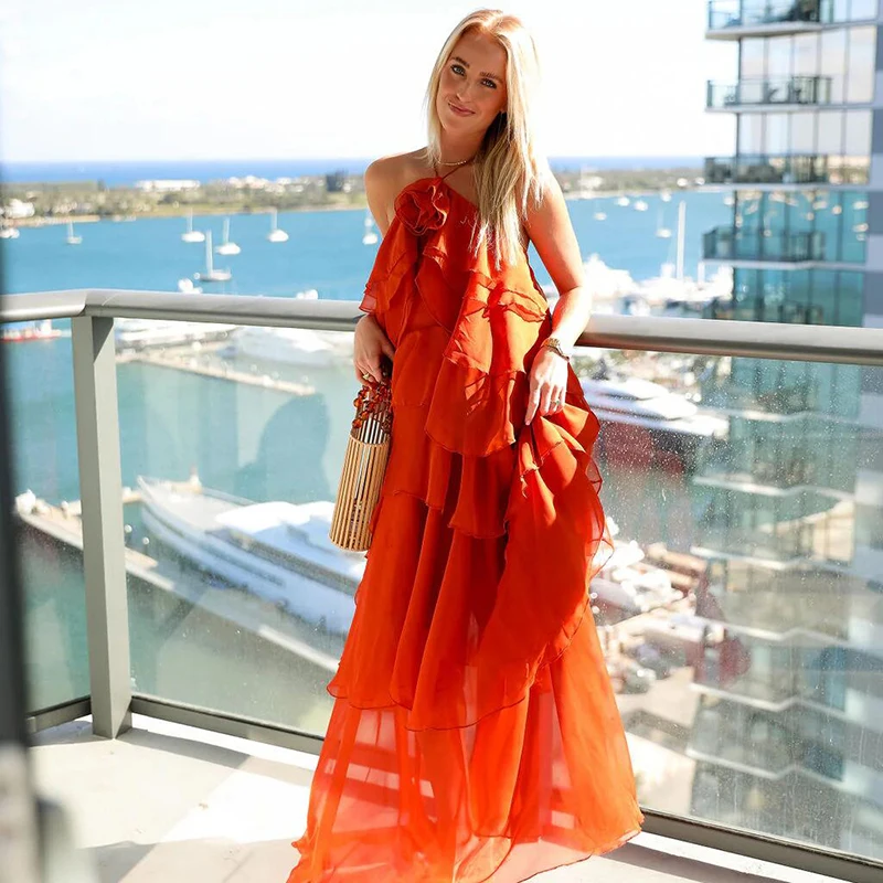 Vestido lencero decorativo en capas de flores 3D francesas Color sólido naranja vestido de fiesta de moda para mujeres Vestidos femeninos sueltos 2025 nuevo