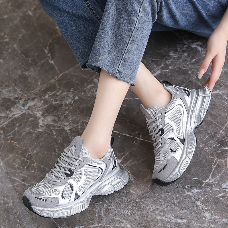 CRLAYDK Chunky Sneakers for Women Silvery Fashion Platform Summer Dad Shoes Casual Lace Up Walking Mesh Sports Ladies Tennis