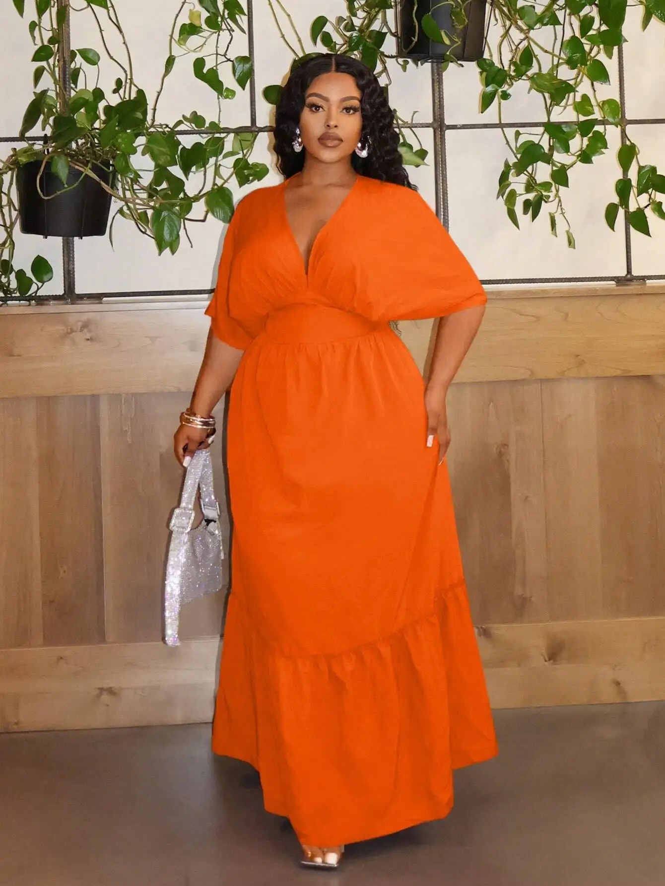 

Plus Size Orange V-Neck Cold Shoulder Maxi Dress With Cinched Waist And Tiered Ruffle Hem