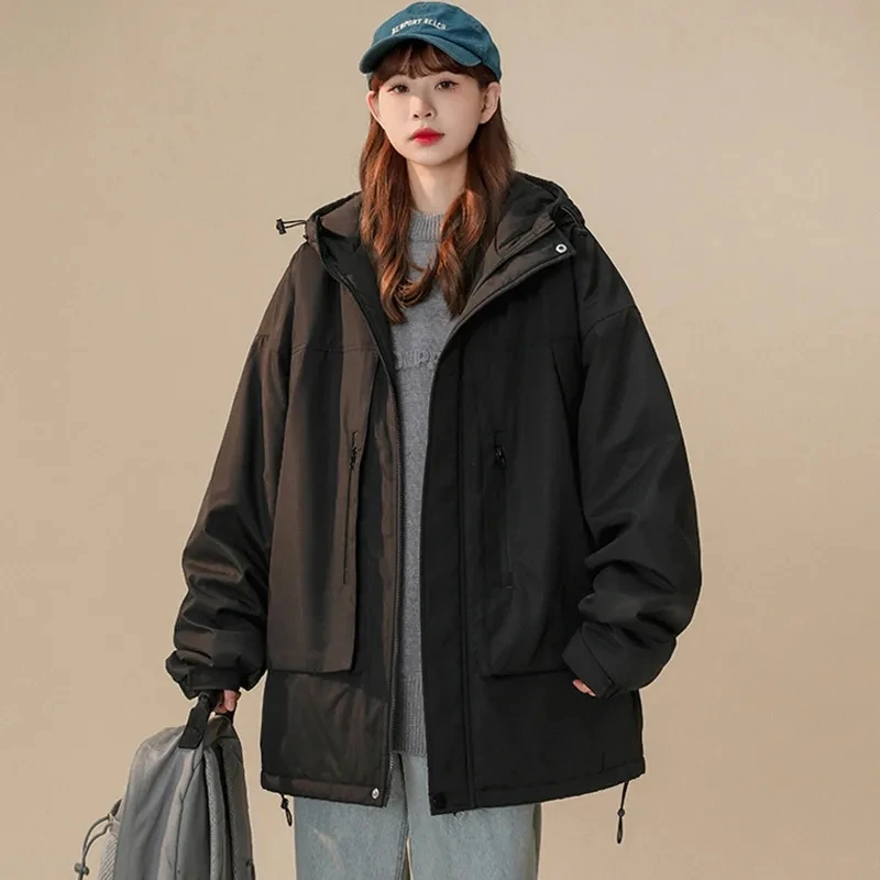 Dames dikke parka's met capuchon, winddichte winterjassen met zakken, Koreaanse mode, oversized pluche verdikte katoenen kleding