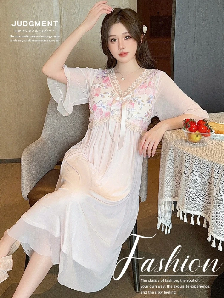 

Bra Free Summer Nightdress Women Lace Nightgown Loose Home Dress Pajamas Princess Style Soft Sleepwear with Chest Pad Outwear