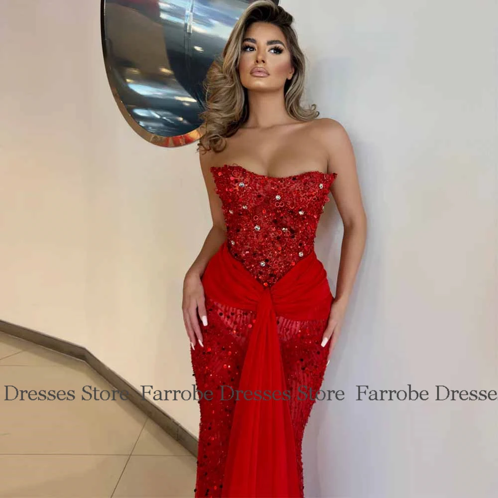 فساتين سهرة نسائية فاخرة 2025 دانتيل حورية البحر/البوق فستان عيد الحب أحمر بدون حمالات ثنيات مطرزة فساتين لحضور الحفلات الموسيقية