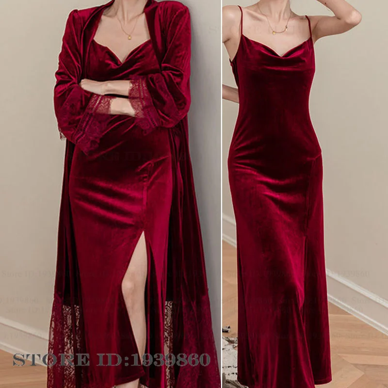 

Осень-зима бархатный женский комплект-двойной халат, сорочка, одежда для сна, сексуальный кружевной длинный халат, ночная рубашка, домашнее платье, элегантная велюровая пижама