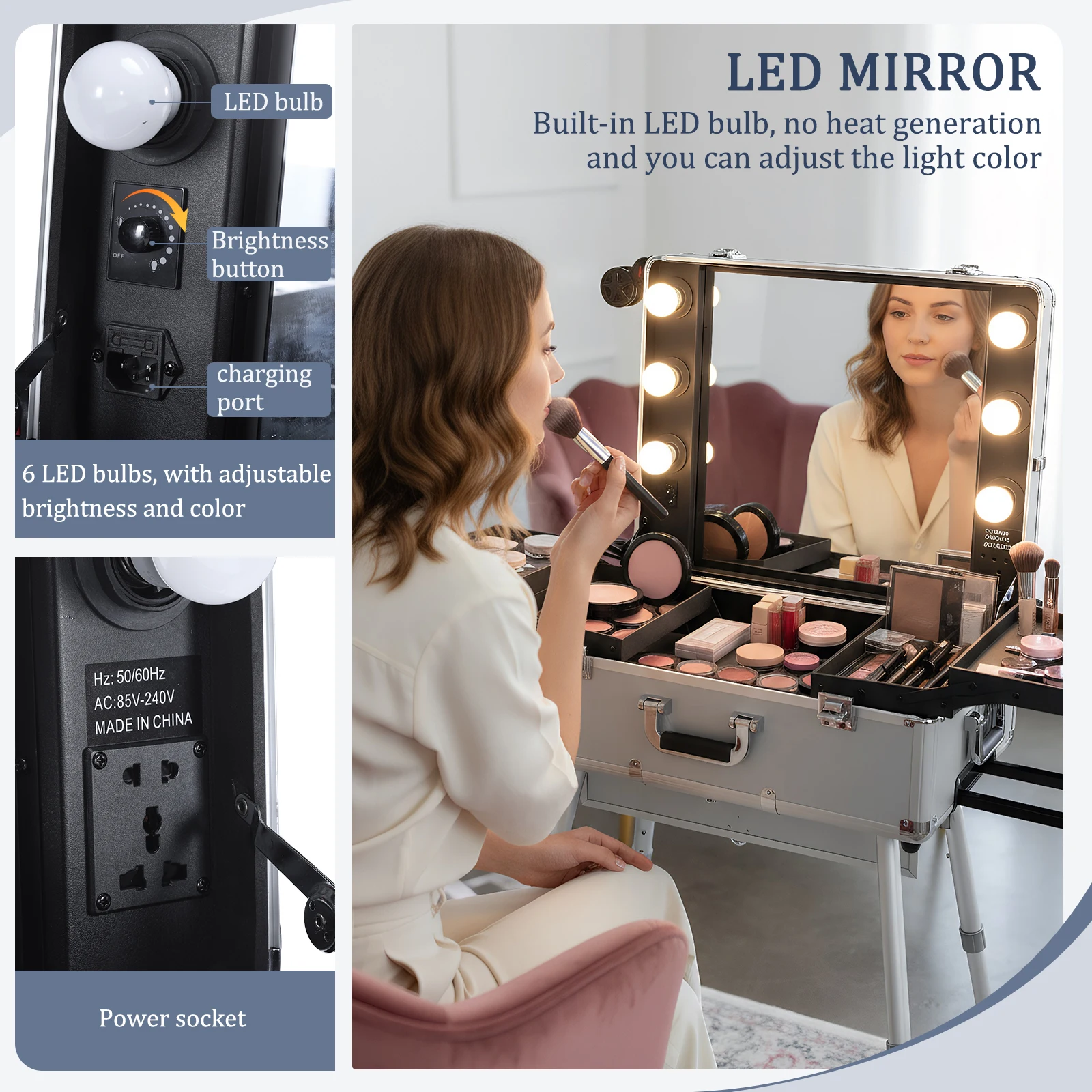 

Rolling Professional Makeup Storage Organizer Box with Mirror and Lights Cosmetic Trolley with Wheels Stands for Women and Girls