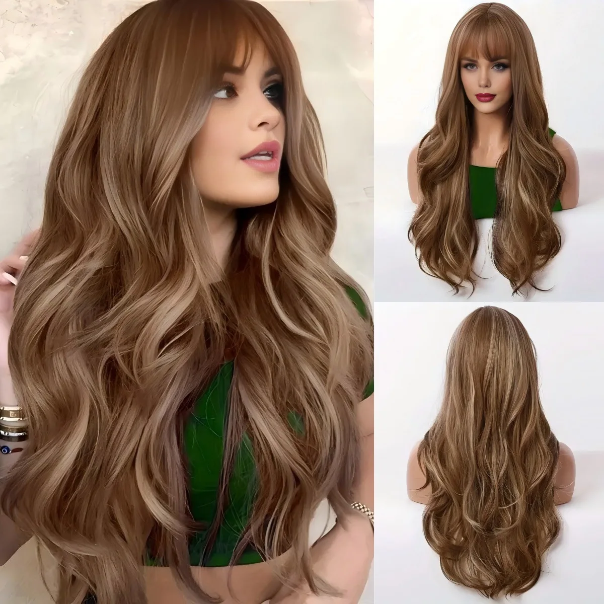 

Hot-selling European and American Qi bangs big waves long curly hair gradual change light golden brown high temperature silk che