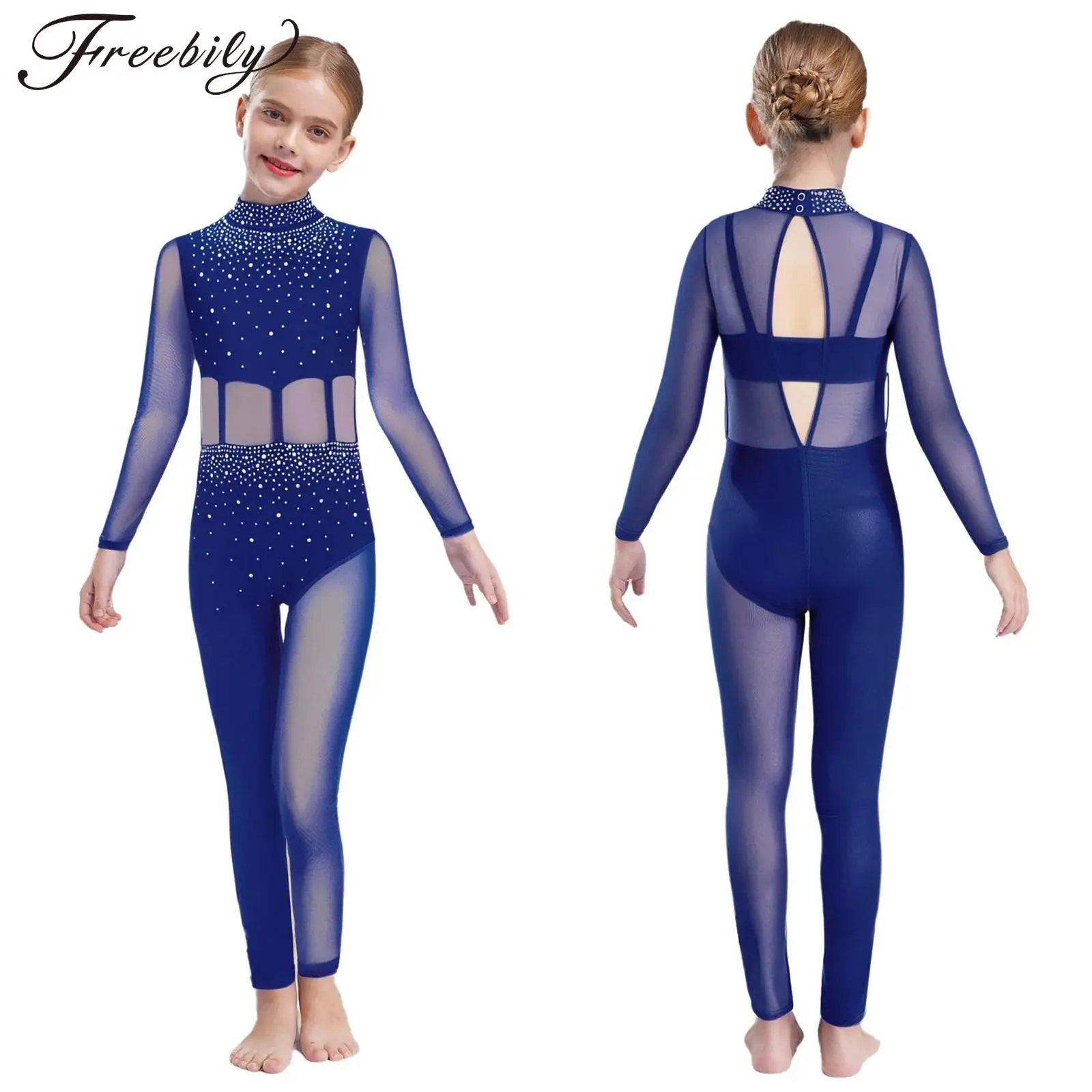 Traje de patinaje artístico para niñas, Ballet, danza, gimnasia, acrobacias, leotardo de Yoga, mono de malla transparente con diamantes de imitación brillantes de manga larga