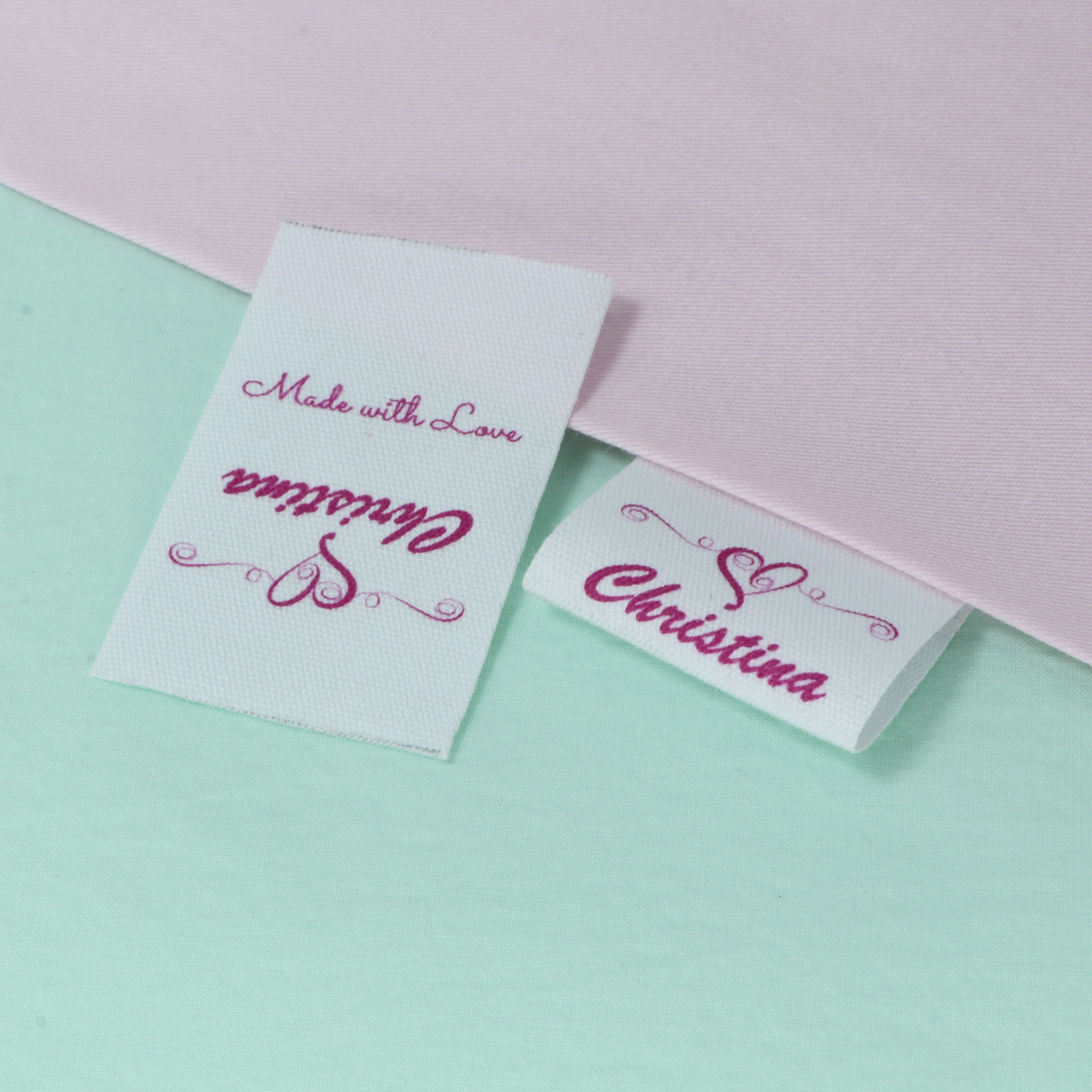 Custom Clothing Labels, Pink series, Organic Cotton Logo or Text Label,  Custom or mashup (FR100)