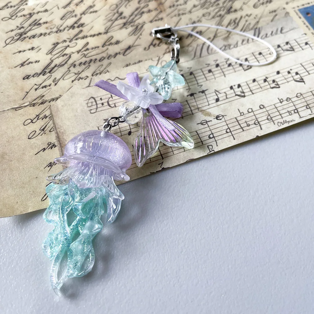 Purple Cyan Jellyfish Phone Chain Charm Fairycore Starfish Mermaid Fishtail Bow Bead Keychain Strap Car Key Camera Decor Gift