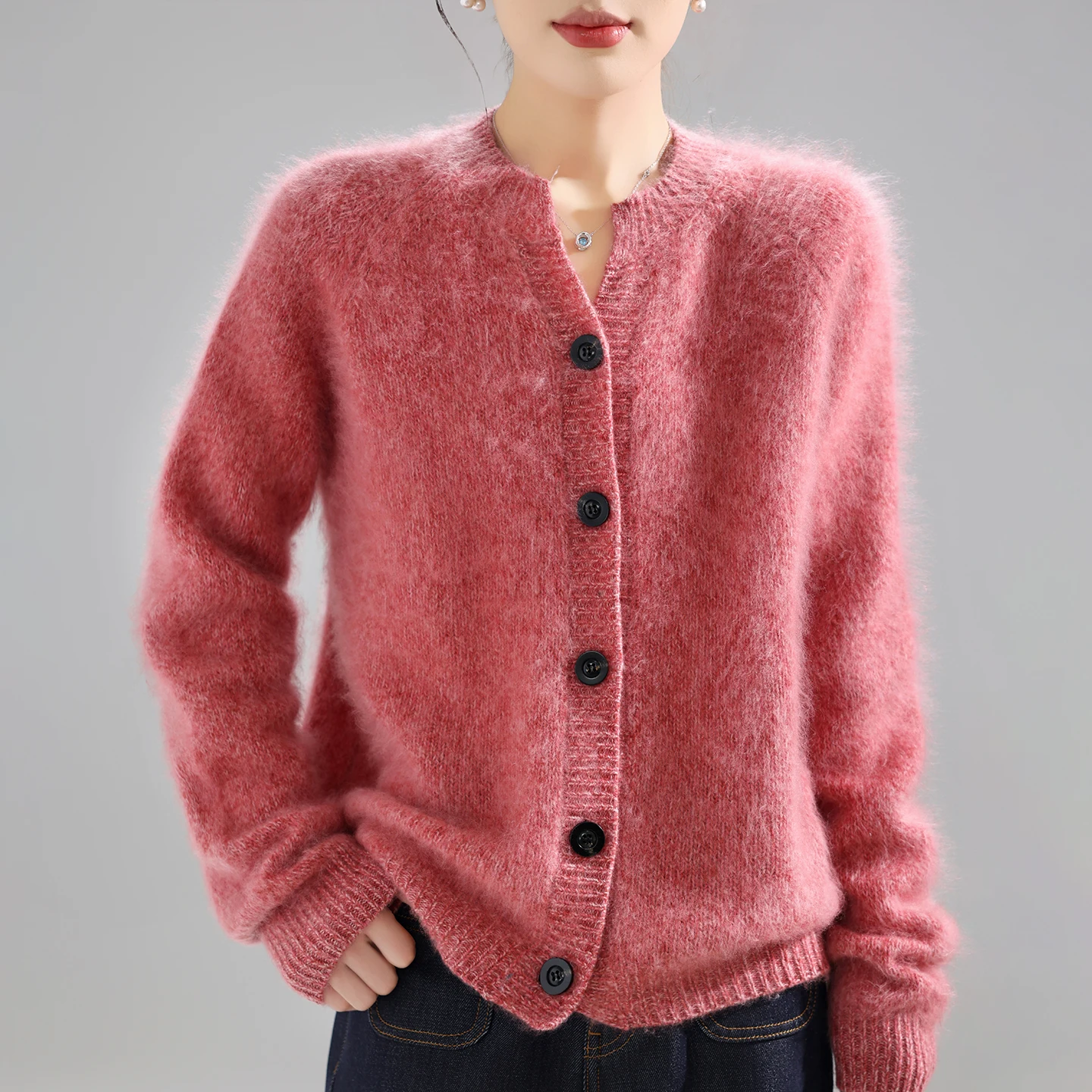 

100% Wool Cardigan Round Neck Knit For Women Fluffy Angora Sweater Winter Oversize Cashmere Top Coat 2025 New