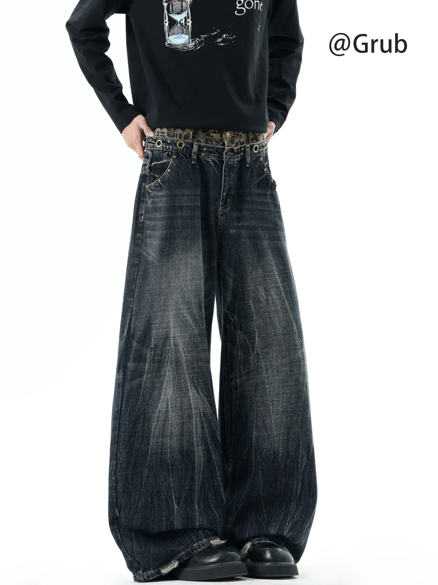 Calças Jeans Americanas com Estampa de Leopardo e Recortes, Unissex, Tendência de Verão, Marca Lavada, Perna Reta, Calças Lon...
