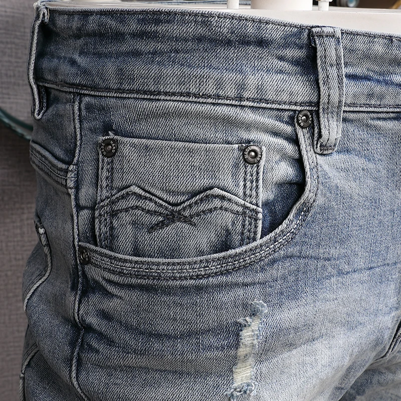 Fashion Designer Men Jeans Retro Light Blue Stretch Slim Fit Ripped Jeans Men Vintage Trousers Korean Style Casual Denim Pants