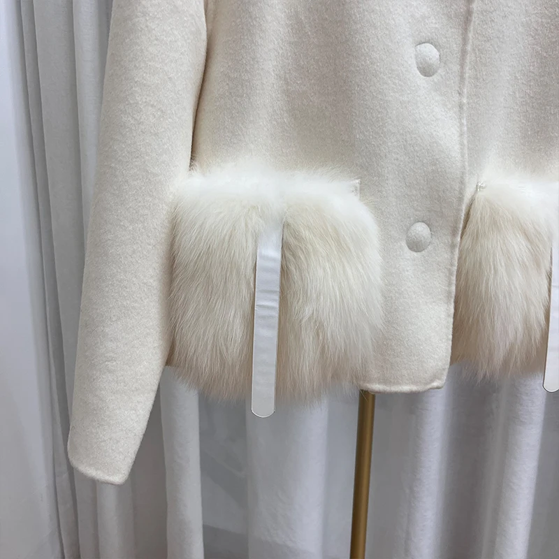 Casaco de lã e caxemira feminino, jaqueta de pele real, gola natural de pele raposa, casacos femininos, casaco feminino, novo, inverno