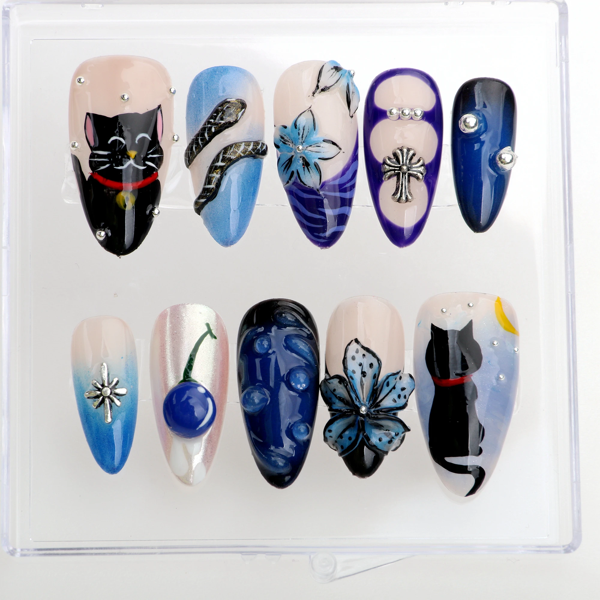 10Pcs Unique 3D Cute Snake Cats Blue Nails Custom Press On Nails Luxurious hand painted Nails for Birthday Party Holiday Vacatio