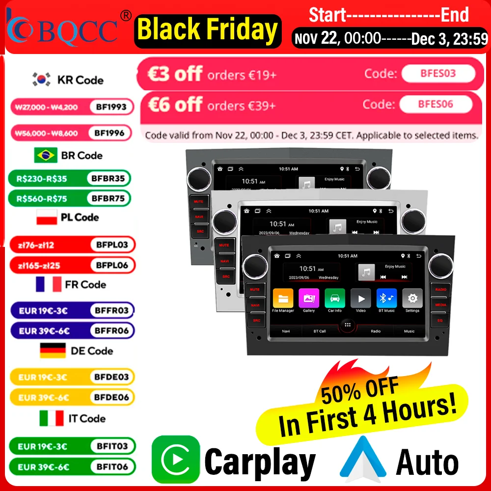 BQCC 7'' Car Radio For Opel Astra H J 2004 Vectra Vauxhall Antara Zafira Corsa C D Vivaro Meriva Veda Wireless CarPlay Auto