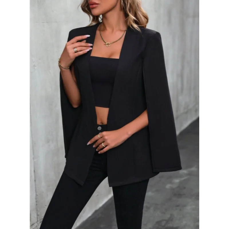 

Autumn Winter New Lady Casual Style Classic Black No buckle Cardigan Personality Shawl Style Design Fashion Versatile Blazer