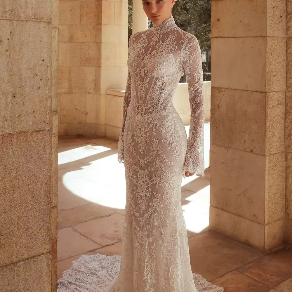 Customized Hand-beaded Lace Sheath Wedding Dress High Collar Long Bell Sleeves Bridal Gown Sheer Open Back Bridal Gown