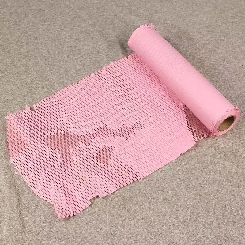 Pink Honeycomb Kraft Paper Roll - Shockproof Cushioning Material for Transport & Gift Wrapping