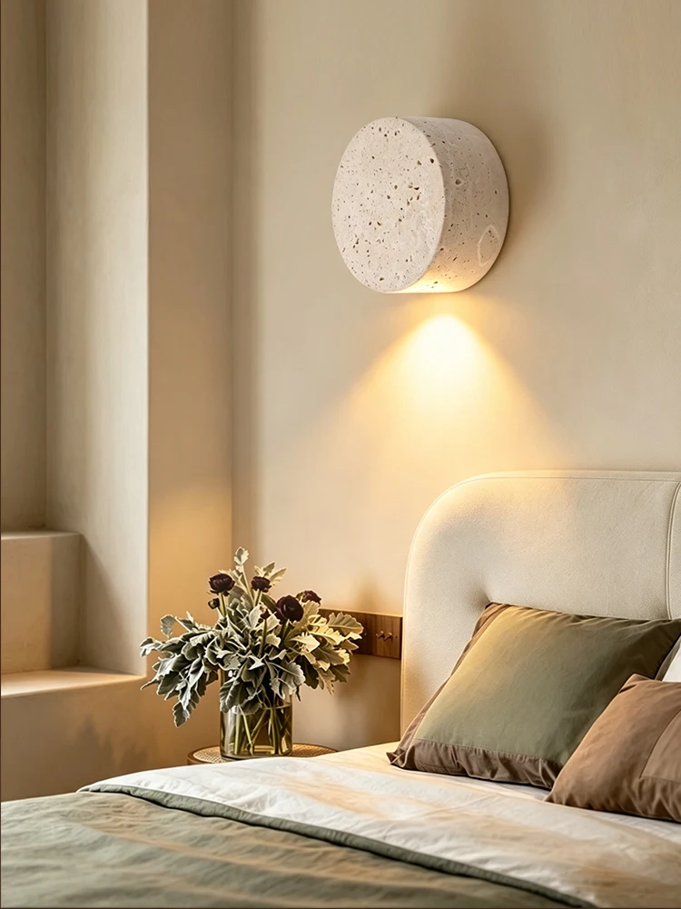 Wabi Sabi Style yellow travertine vintage stone and wood wall light for bedroom nightstand living room staircase home decor