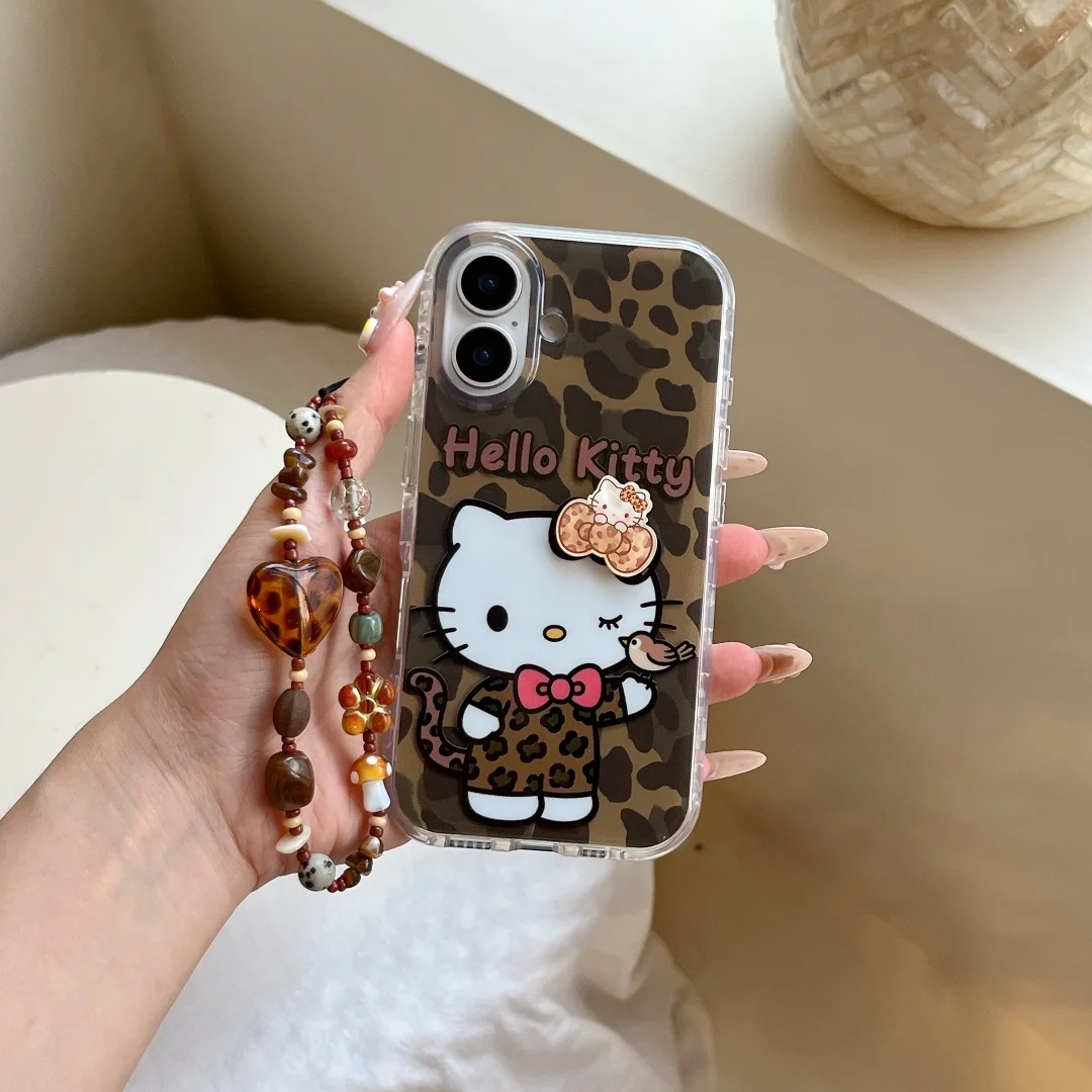 

Vintage Leopard Print Hello Kitty with Same style Amber Heart Bracelet Phone Case For iPhone 14 15 16Pro Max Plus Silicone Cover