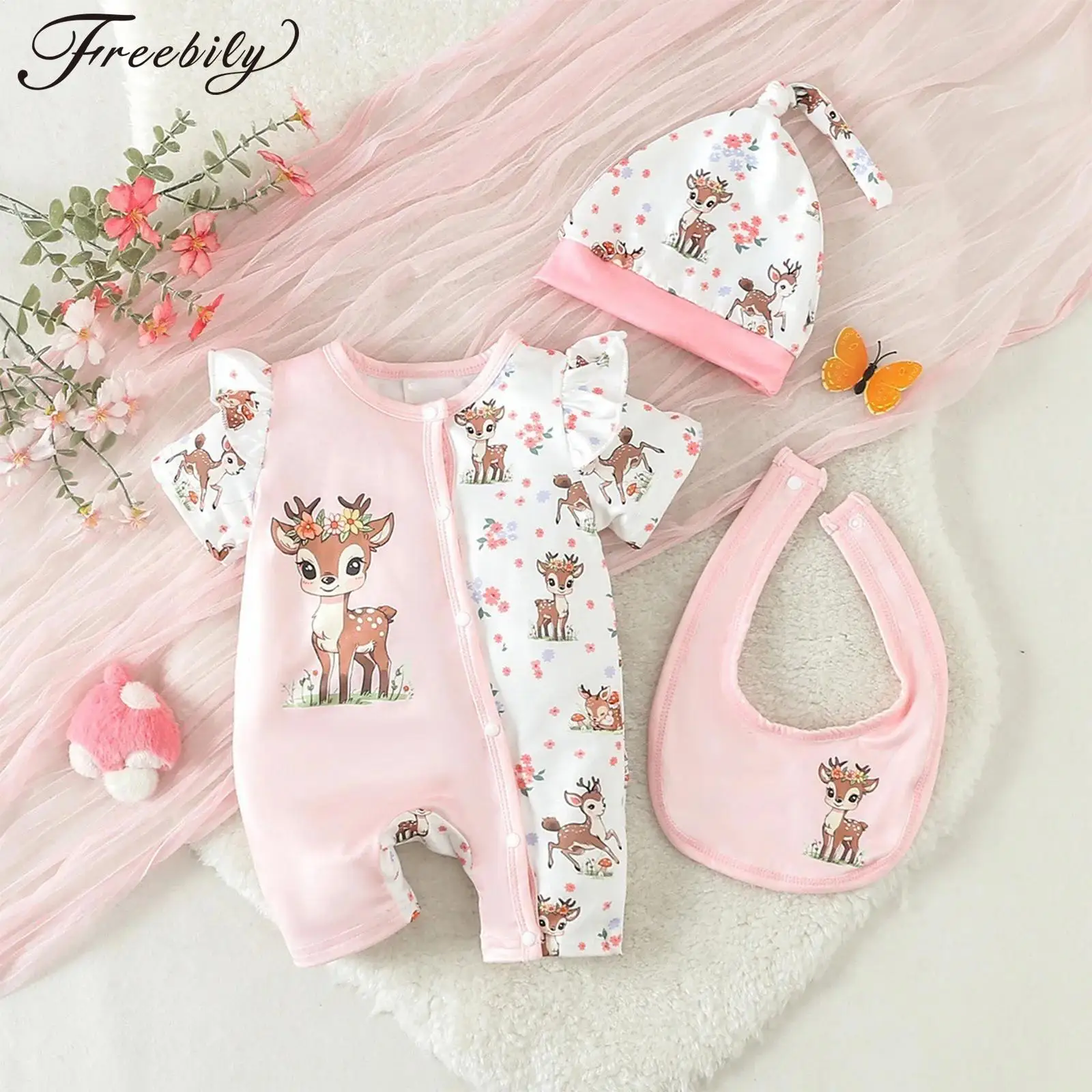 

Наряды для девочек на выписку из роддома: комбинезоны с короткими рукавами, застежками-кнопками и принтом оленя, с нагрудником и шапочкой, для фотосессий на день рождения.