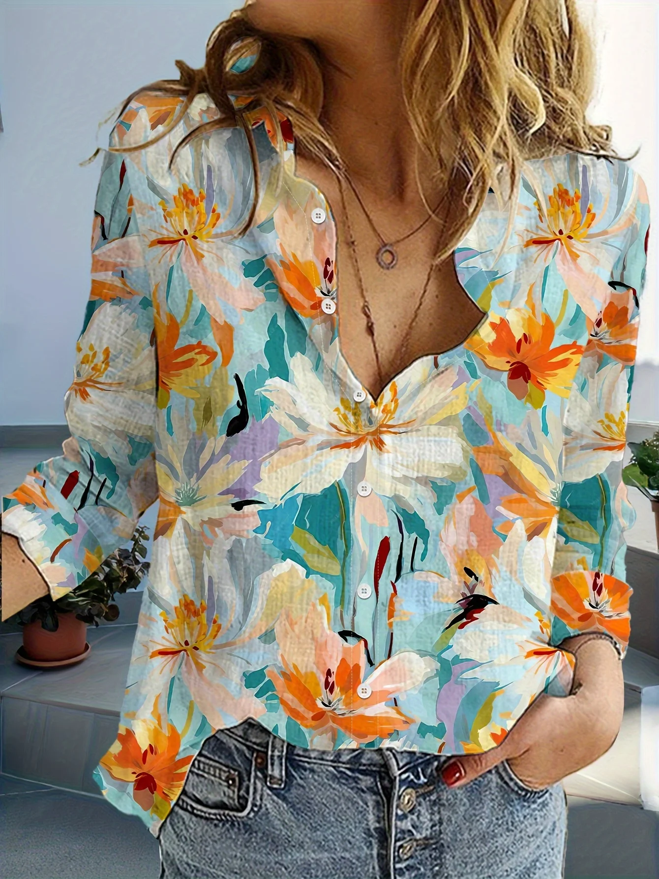 

Women's Shirt Ombre Floral Graphic Elegant Vintage Tropical Long Sleeve Shirt Collar Regular Tops Daily Button Printed Summer