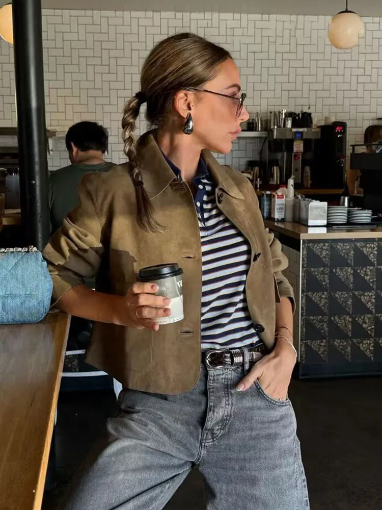 HH Women's Autumn New Fashion Vintage Solid With Pockets Suede Coats Female Lapel Single Breasted High Street Casual Jacket